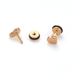 Golden 304 Stainless Steel Heart Earlobe Plugs, Screw Back Earrings, with Rhinestone, Golden, 8x6mm, Pin: 1mm