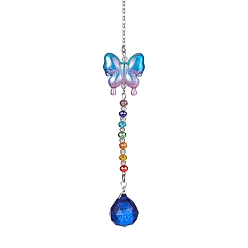 Azul Royal Decoraciones colgantes de lágrima de vidrio, Con mariposa acrílica y cuentas de cristal para decoración del hogar., azul real, 232 mm