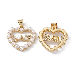 Chapado en Oro Real 18K Micro latón allanan colgantes cúbicos del zirconia, con perlas de imitación abs, encanto de corazón con palabra amor para el día de san valentín, real 18 k chapado en oro, 19.5x21x5 mm, agujero: 5x3.5 mm