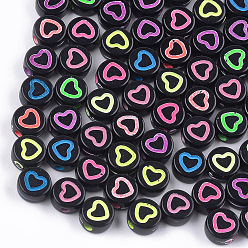 Mixed Color Craft Style Acrylic Beads, Flat Round with Heart, Mixed Color, 7x3.5mm, Hole: 1.5mm, about 4000~4400pcs/500g
