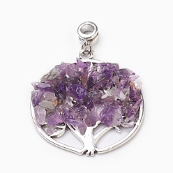 Amethyst Natural Amethyst European Dangle Charms, Large Hole Pendants, with Antique Silver Plated Alloy Findings, Flat Round with Tree, 54.5mm, Hole: 4.5~5mm, Pendant: about 42.5~43x38.5~39.5x5~6mm