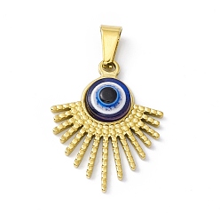 Azul de Medianoche Chapado al vacío 304 colgantes de resina de acero inoxidable, dorado, amuletos de abanico con mal de ojo, azul medianoche, 26x20.5x5 mm, agujero: 6.5x3 mm