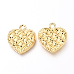 Real 18K Gold Plated Brass Pendants, Heart with Grid Pattern, Real 18K Gold Plated, 18x16x2.6mm, Hole: 2mm