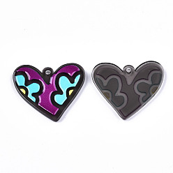 Colorful Acrylic Pendants, 3D Printed, Heart with Flower Pattern, Colorful, 31x37x3mm, Hole: 2mm