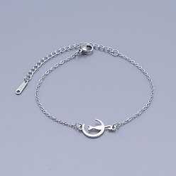 Stainless Steel Color 201 Stainless Steel Kitten Link Bracelets, with Lobster Claw Clasps, Crescent Moon with Cat, Stainless Steel Color, 6-3/4 inch~6-7/8 inch(17~17.5cm)
