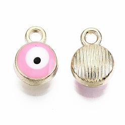 Pink Encantos de aleación chapada en oro claro, con esmalte, plano y redondo con mal de ojo, rosa, 10x7x4.5 mm, agujero: 1.5 mm