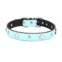 Pale Turquoise Adjustable Imitation Leather Pet Collars, Punk Style Alloy Star Stud Cat Dog Choker Necklace, with Iron Buckle, Pale Turquoise, 270~330x15mm