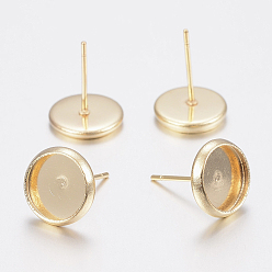 Real 18K Gold Plated 304 Stainless Steel Stud Earring Settings, Flat Round, Real 18k Gold Plated, Tray: 10mm, 12x2mm, Pin: 0.8mm