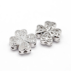 Real Platinum Plated Clover Brass Micro Pave Cubic Zirconia Beads, Clear, Real Platinum Plated, 14x14x5mm, Hole: 1mm