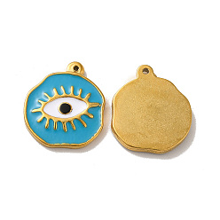 Turquoise Ion Plating(IP) 304 Stainless Steel Charms, with Enamel, Flat Round with Evil Eye, Real 18K Gold Plated, Turquoise, 21x18.5x2.5mm, Hole: 1.4mm