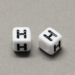 Letter H Gran agujero acrílico letra cuentas europeas, agujero horizontal, blanco y negro, cubo con letter.h, 6x6x6 mm, agujero: 4 mm, Sobre 2950 unidades / 500 g