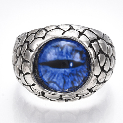 Blue Alloy Glass Cuff Finger Rings, Wide Band Rings, Dragon Eye, Antique Silver, Blue, Size 9, 19mm