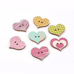 Couleur Mélangete 2 -hole boutons en bois imprimées, cœur, couleur mixte, 23x25.5x2.5mm, Trou: 1.5mm