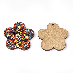 Coral Printed Basswood Pendants, Back Random Color, Flower, Coral, 33.5x34.5x3mm, Hole: 1.5mm
