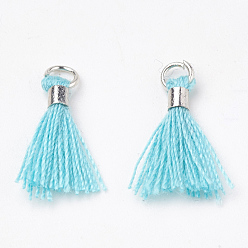 Turquoise Polycotton(Polyester Cotton) Tassel Pendant Decorations, Mini Tassel, with Brass Findings, Platinum, Turquoise, 10~15x3~4mm, Hole: 2mm