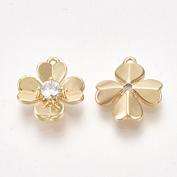 Real 18K Gold Plated Brass Cubic Zirconia Charms, Flower, Clear, Nickel Free, Real 18K Gold Plated, 11x10x2.5mm, Hole: 0.8mm