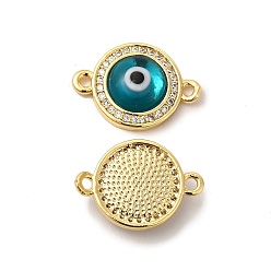 Teal Rack Plating Real 18K Gold Plated Brass Micro Pave Clear Cubic Zirconia Connector Charms, Flat Round with Evil Eye Links, with Handmade Lampwork, Cadmium Free & Lead Free, Long-Lasting, Teal, 18.5x13x4mm, Hole: 1.4mm