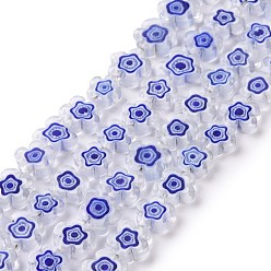 Azul Hilos de perlas de vidrio millefiori artesanal, flor, azul, 10~12x2.6 mm, agujero: 1 mm, sobre 42 unidades / cadena, 15.75'' (40 cm)