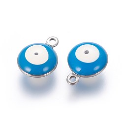 Deep Sky Blue 304 Stainless Steel Enamel Charms, Flat Round with Evil Eye, Stainless Steel Color, Deep Sky Blue, 11x8x3.5mm, Hole: 1.5mm