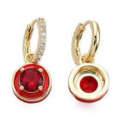 Красный Плоские круглые серьги-кольца с кубическим цирконием и эмалью, настоящие позолоченные украшения из латуни для женщин, без никеля , красные, 18 мм, штифты : 26 мм