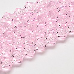 Бледно-Розовый Подражать австрийский хрусталь двойной конус стеклянные бусы нити, класс АА, граненые, розовый жемчуг, 3x3.5 мм, отверстие : 0.8 мм, около 120~125 шт / нитка, 14.8 дюйм