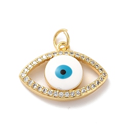 White Rack Plating Brass Micro Pave Cubic Zirconia Pendants, with Enamel, Real 18K Gold Plated, Long-Lasting Plated, Lead Free & Cadmium Free, Eye with Evil Eye, White, 14x20x4.5mm, Jump Ring: 4.7x0.7mm, 3.3mm Inner Diameter