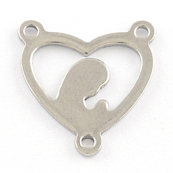 Stainless Steel Color 201 Stainless Steel Chandelier Component Links, 3 Loop Connectors, Heart with Mother and Son, Stainless Steel Color, 16x15x1mm, Hole: 1mm