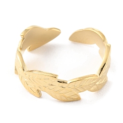 Real 14K Gold Plated 304 Stainless Steel Leaf Open Cuff Rings, Real 14K Gold Plated, Inner Diameter: 17mm