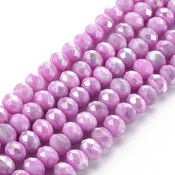 Violet Cuisson opaque de perles de verre peintes, pierres d'imitation, facette, de couleur plaquée ab , rondelle, violette, 8x6mm, Trou: 1.2mm, Environ 63~64 pcs/chapelet, 15.87 pouces ~ 16.14 pouces (40.3~41 cm)