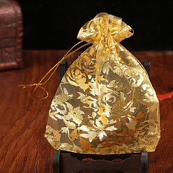 Oro Bolsas de organza con cordón para joyas, bolsas de regalo de fiesta de boda, rectángulo con estampado de flores en oro, oro, 9x7 cm