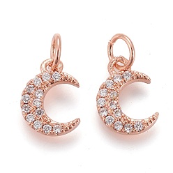 Rose Gold Brass Micro Pave Clear Cubic Zirconia Charms, Long-Lasting Plated, with Jump Rings, Moon, Rose Gold, 10x8x1.6mm, Hole: 3.6mm, jump ring: 5x0.6mm