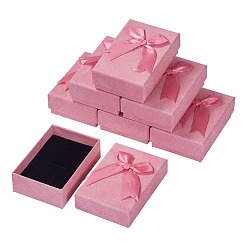 Pink Cardboard Jewelry Boxes, with Ribbon Bowknot and Sponge, For Rings, Earrings, Necklaces, Rectangle, Pink, 9.3x6.3x3.05cm