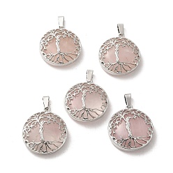 Rose Quartz Natural Rose Quartz Pendants, Tree of Life Charms with Platinum Plated Alloy Findings, 31x27mm