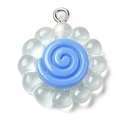 Light Blue Translucent Resin Pendants, Sunflower Charms with Platinum Plated Iron Loops, Light Blue, 24x20x5mm, Hole: 1.8mm