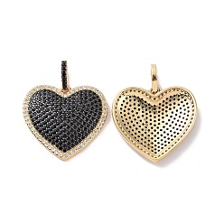 Negro Micro latón corazón allanan colgantes cúbicos circonia, sin cadmio y níque y plomo, real 18 k chapado en oro, negro, 31 mm, agujero: 3x6 mm