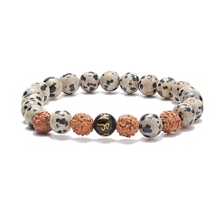 Bois Bracelet de perles de mala, mot om mani padme hum bracelet extensible naturel rudraksha & dalmatien & obsidienne pour femme, diamètre intérieur: 2-1/4 pouce (5.75 cm)
