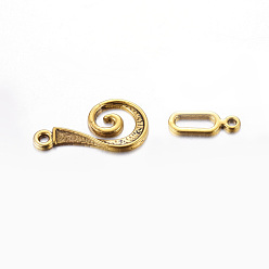 Antique Golden Tibetan Style Alloy Hook Clasps, For Leather Cord Bracelets Making, Vortex, Lead Free and Cadmium Free, Antique Golden, Vortex: 26x13mm, Bar: 16.5mm, Hole: 3.5mm