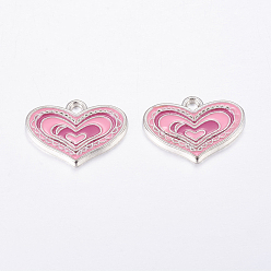Pink Alloy Enamel Pendants, Cadmium Free & Lead Free, Heart, Great For Mother's Day Gifts Making, Platinum, Pink, 19.5x14.5x2mm, Hole: 2.5mm