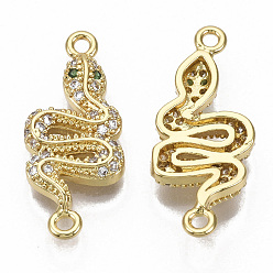Real 16K Gold Plated Brass Micro Pave Cubic Zirconia Links connectors, Nickel Free, Snake, Clear & Green, Real 16K Gold Plated, 24.5x10x3.5mm, Hole: 1.4mm