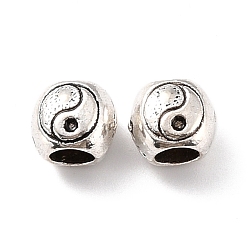 Argent Antique Perles en alliage, Perles avec un grand trou   , plat rond avec motif yin yang, argent antique, 8.5x10x8.5mm, Trou: 5mm