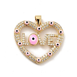 Pearl Pink Rack Plating Brass Micro Pave Clear Cubic Zirconia Pendants, with Enamel, Cadmium Free & Lead Free, Heart with Evil Eye & Word Love, Real 18K Gold Plated, Pearl Pink, 24.5x27x3.8mm, Hole: 3.3x3.7mm