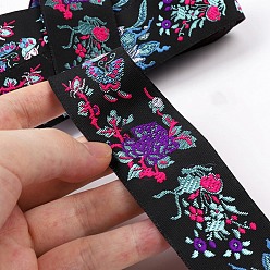 Black Ethnic Style Embroidery Polyester Ribbons, Jacquard Ribbon, Garment Accessories, Flower Pattern, Black, 1-1/4 inch(33mm), about 7.44 Yards(6.8m)/Roll
