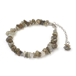 Labradorite Natural Labradorite Chip Beads Anklets, with Glass Seed Beads, with Brass and Stainless Steel Findings, 8-1/2 inch(21.5cm)