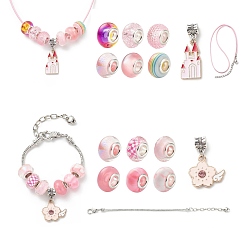 Pink DIY European Bracelet Necklace Making Kit for Kid, Including Brass Chain Bracelet & Wax Rope Necklace Making, Large Hole Style Alloy Pendant & Resin Beads, Pink, Pendant: 29~35mm, Hole: 5mm, 16Pcs/set