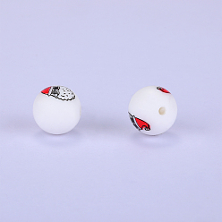 Blanco Cuentas focales de silicona redondas impresas con patrón de muñeco de nieve, blanco, 15x15 mm, agujero: 2 mm