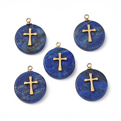 Lapis Lazuli Naturelles lapis-lazuli pendentifs, plat rond avec placage sous vide 201 motif en croix en acier inoxydable, réel 18 k plaqué or, 18.5~19.5x14.5~15x3~4mm, Trou: 1.4mm