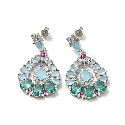 Platinum Colorful Cubic Zirconia & Rhinestone Teardrop Dangle Stud Earrings, Rack Plating Brass Jewelry for Women, Lead Free & Cadmium Free, Platinum, 38mm, Pin: 0.8mm