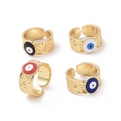Mixed Color Enamel Evil Eye Open Cuff Ring, Real 18K Gold Plated Brass Jewelry for Women, Cadmium Free & Lead Free, Mixed Color, US Size 6 1/2(16.9mm)