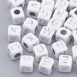 Silver Plated Plated Acrylic Beads, Metal Enlaced, Horizontal Hole, Cube with Letter, Silver Plated, 4.5x4.5x4.5mm, Hole: 3mm, about 5000pcs/500g