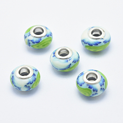 Turquoise Perles européennes en pate polymère manuelles, avec noyaux en laiton plaqué couleur argent, Perles avec un grand trou   , rondelle avec motif de fleurs, turquoise, 13~16x8~11mm, Trou: 4.5~5mm